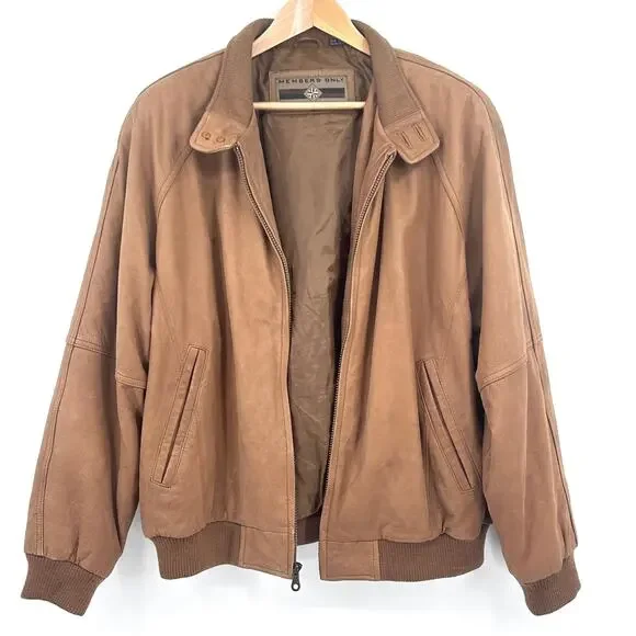 Classic Leather Aviator Bomber Jacket Soft Cowhide Members Only Brown Mens Large